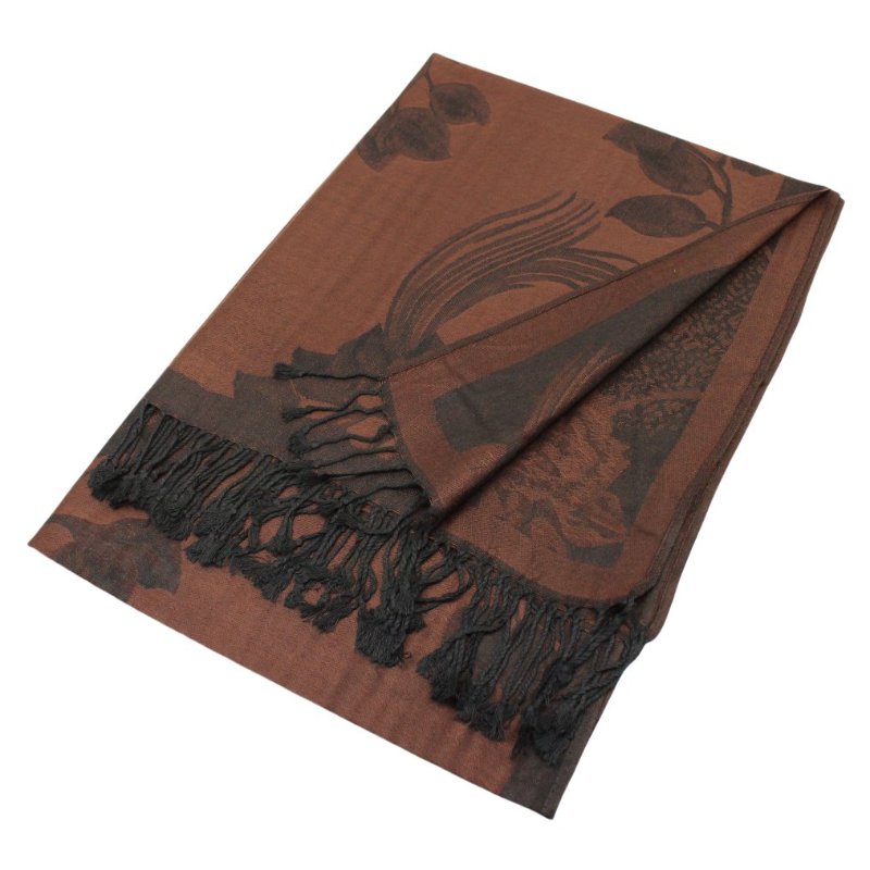 022_01 - One Rose Floral Print Pashmina Shawl Scarf- Brown