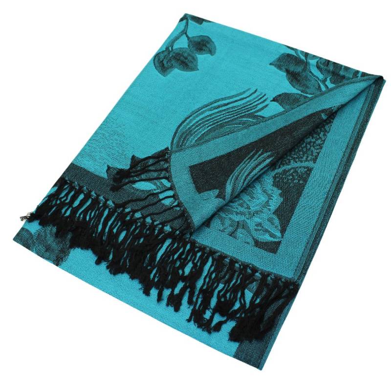 022_05 - One Rose Floral Print Pashmina Shawl Scarf- Turquoise