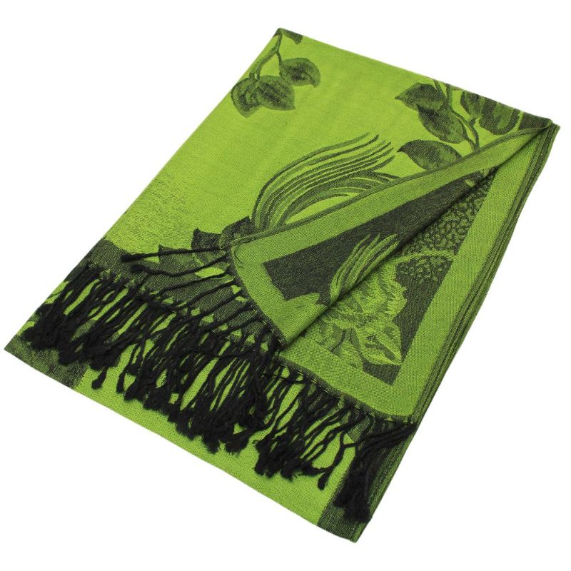 022_07 - One Rose Floral Print Pashmina Shawl Scarf- OliveGreen