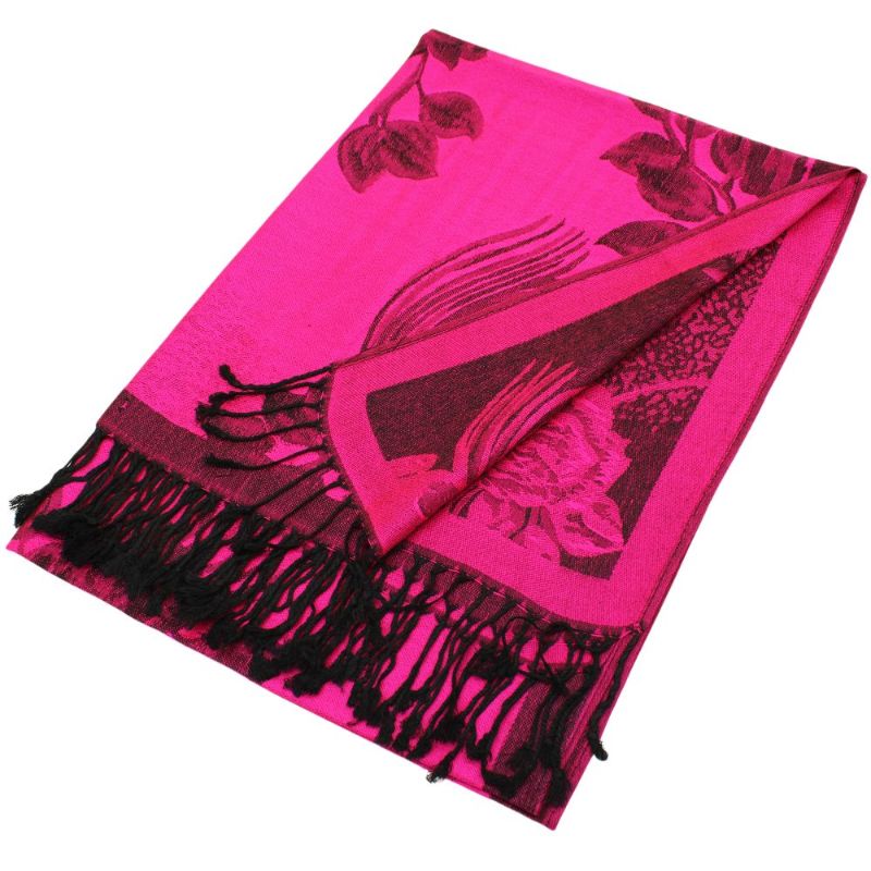 022_08 - One Rose Floral Print Pashmina Shawl Scarf- HotPink