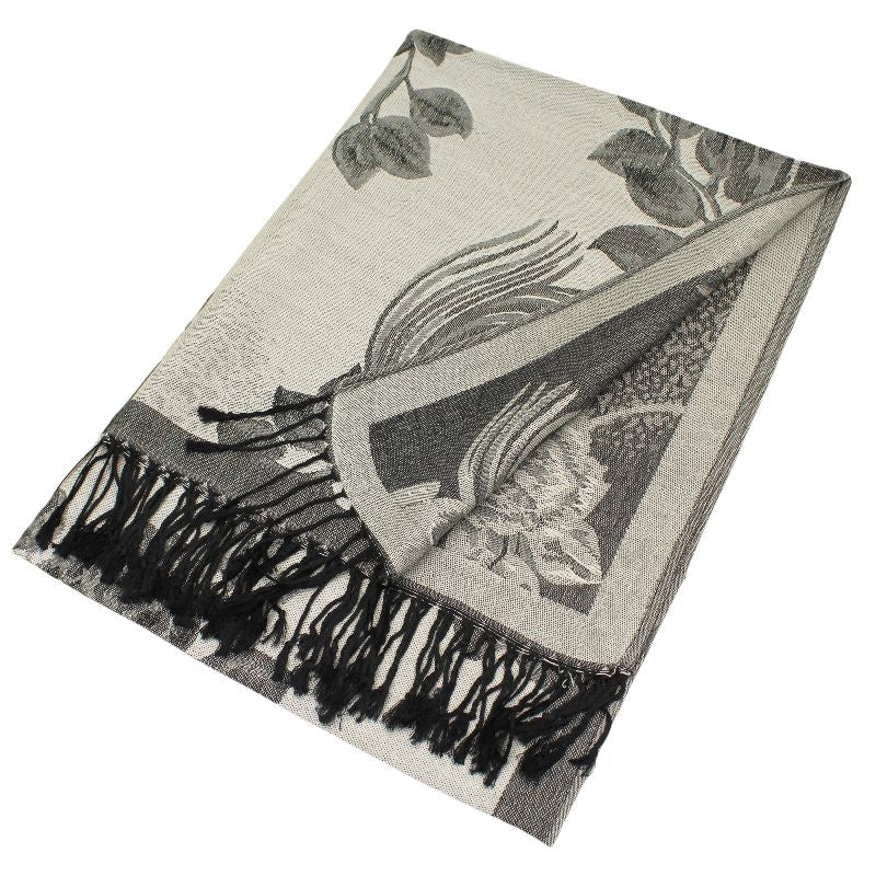 022_09 - One Rose Floral Print Pashmina Shawl Scarf- White/Black