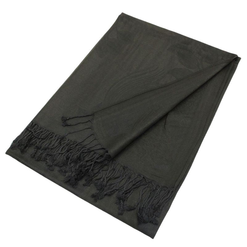 022_10 - One Rose Floral Print Pashmina Shawl Scarf- Black