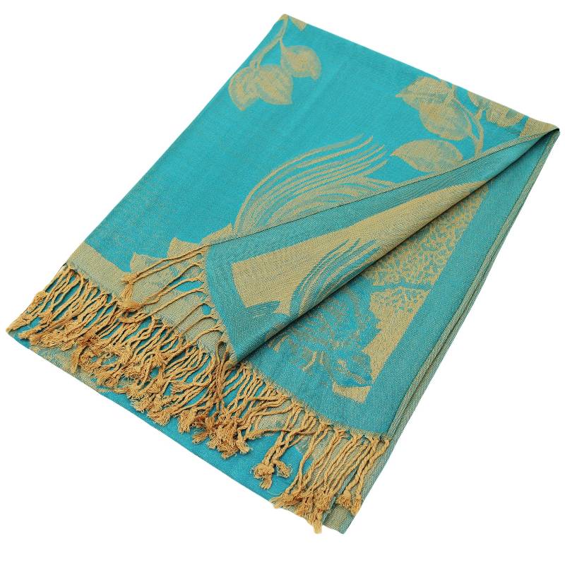 022_13 - One Rose Floral Print Pashmina Shawl Scarf- Aqua/Camel