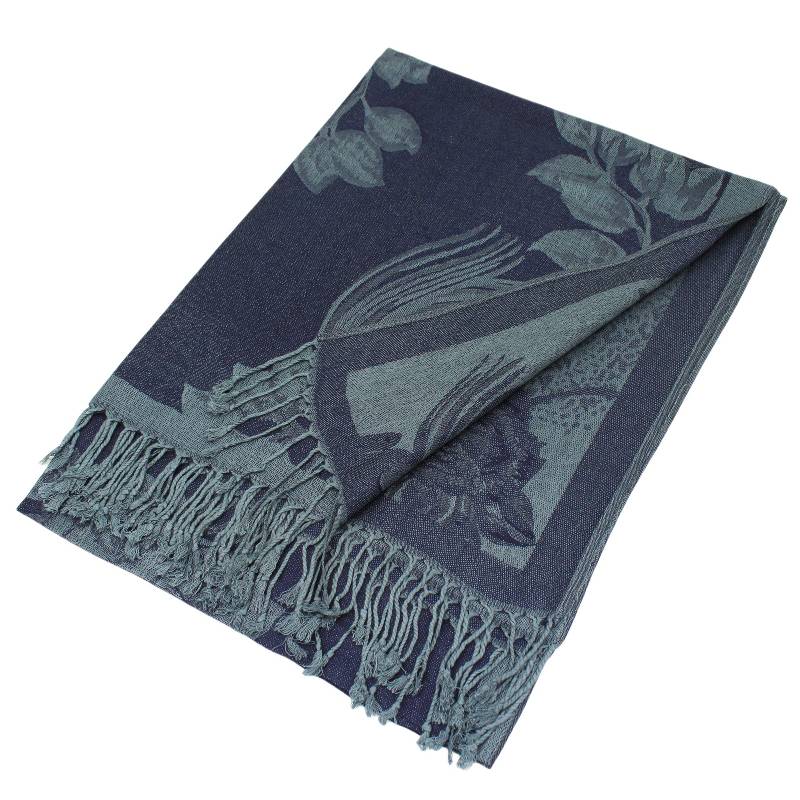 022_14 - One Rose Floral Print Pashmina Shawl Scarf- Navy/Grey