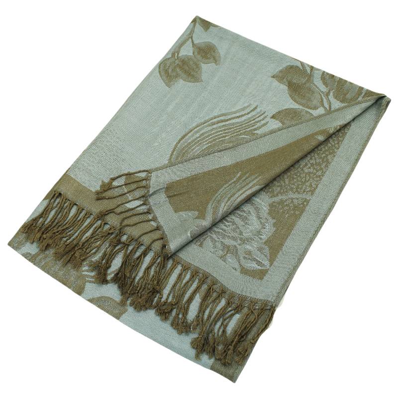022_19 - One Rose Floral Print Pashmina Shawl Scarf- Olive/LtBlue