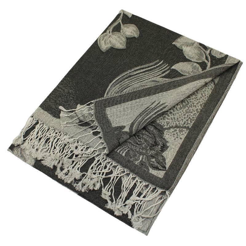 022_24 - One Rose Floral Print Pashmina Shawl Scarf- Black/Grey