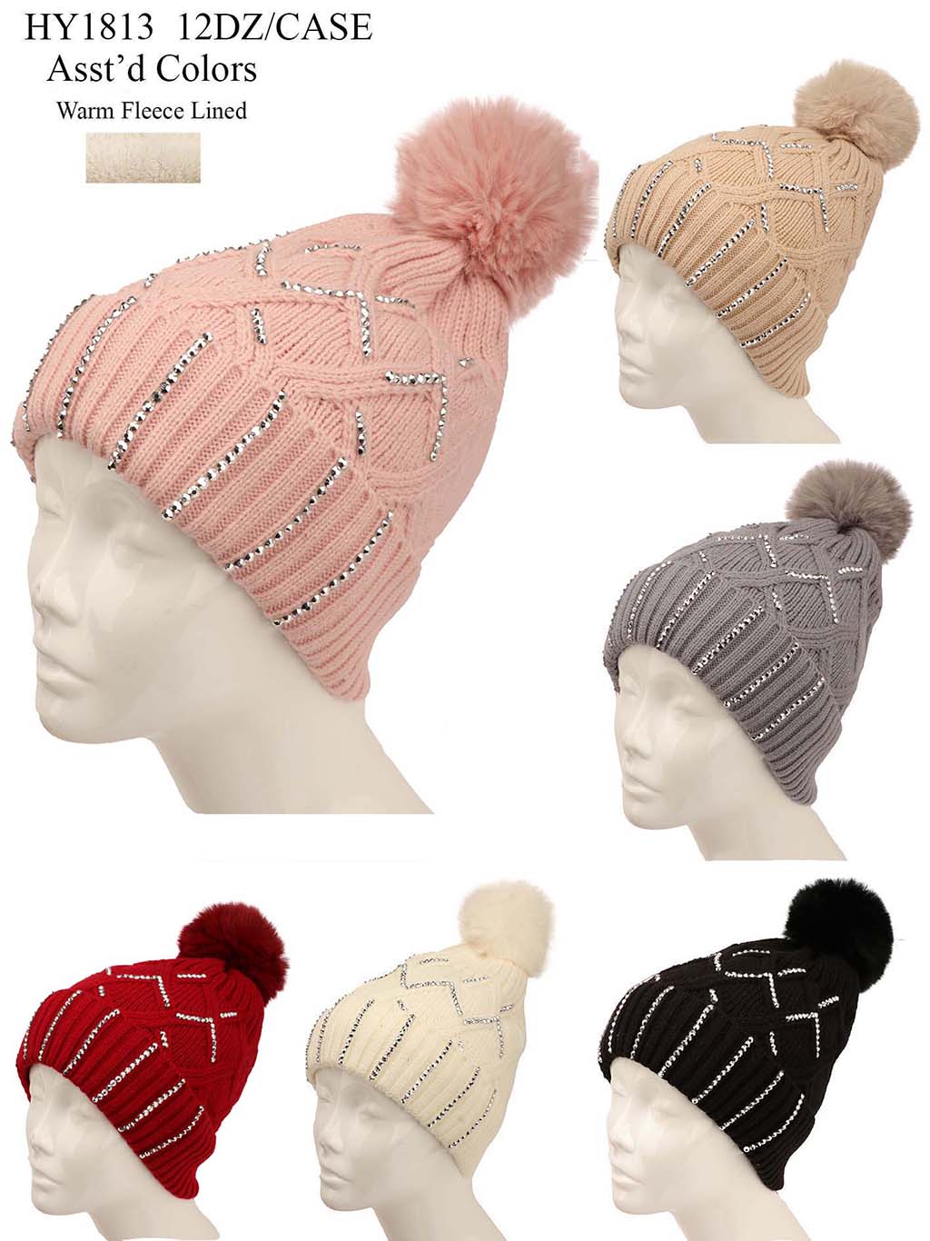 HY1813 - One Dozen Knit Hat with PomPom