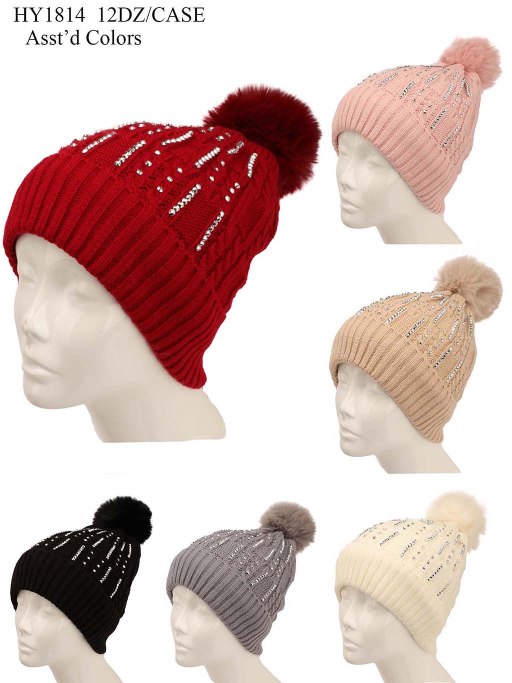 HY1814 - One Dozen Knit Hat with PomPom