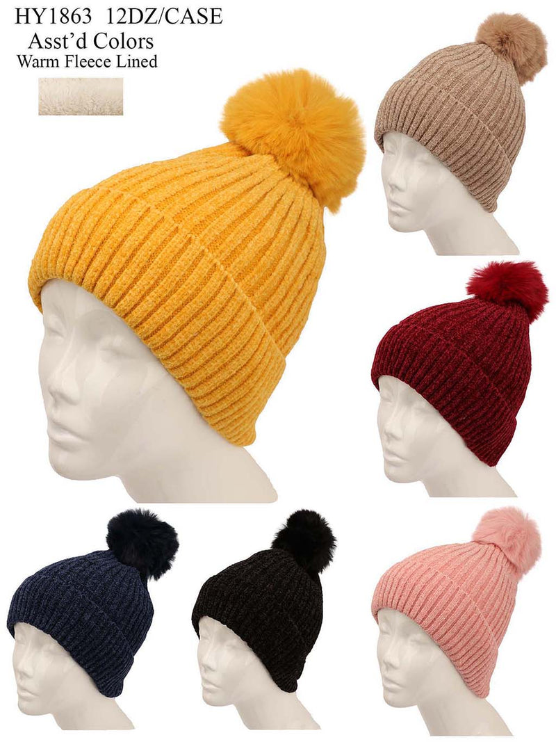 HY1863 - One Dozen Knit Hat with PomPom