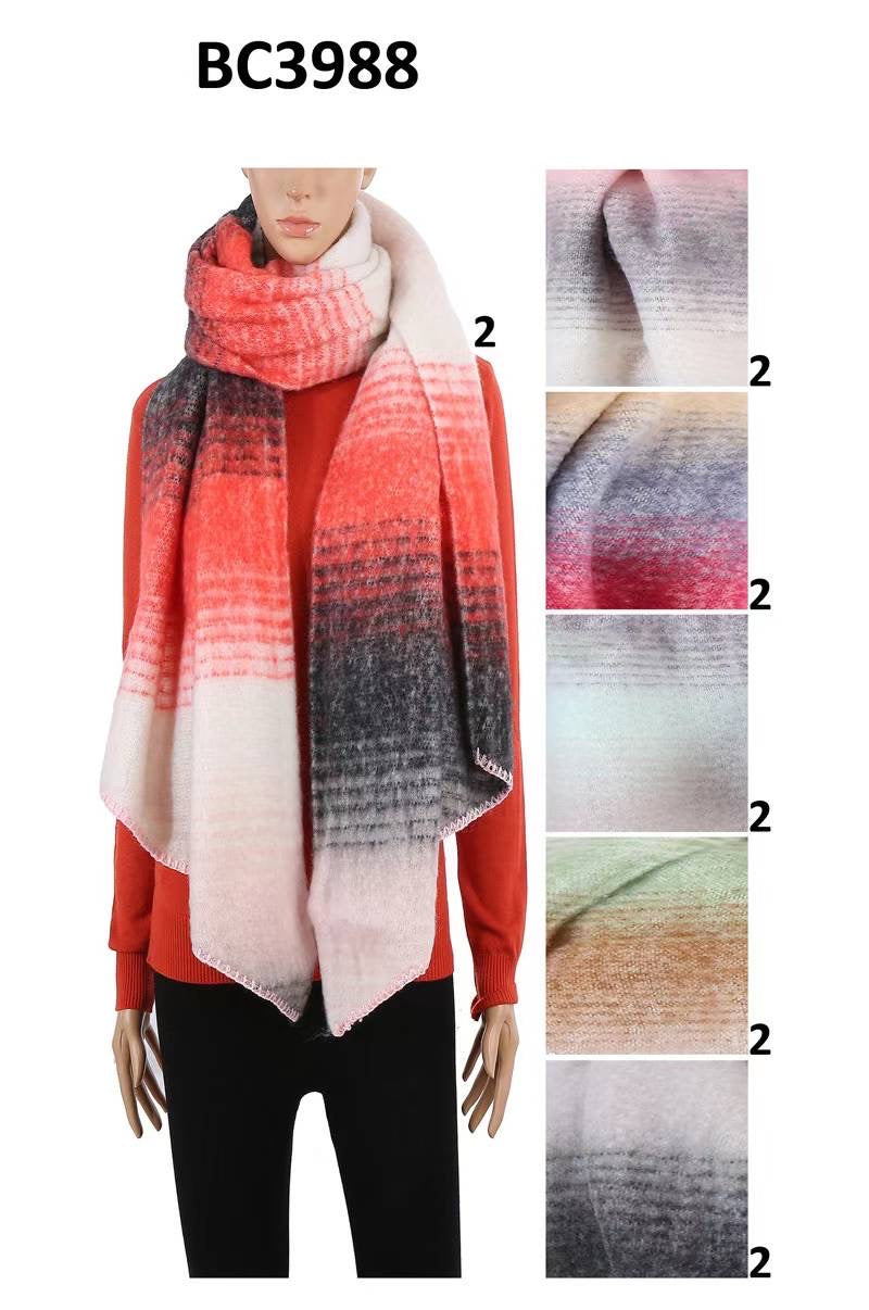 BC3988_ASST - ONE DOZEN PLAID PATTERN SCARF w/ FRINGES