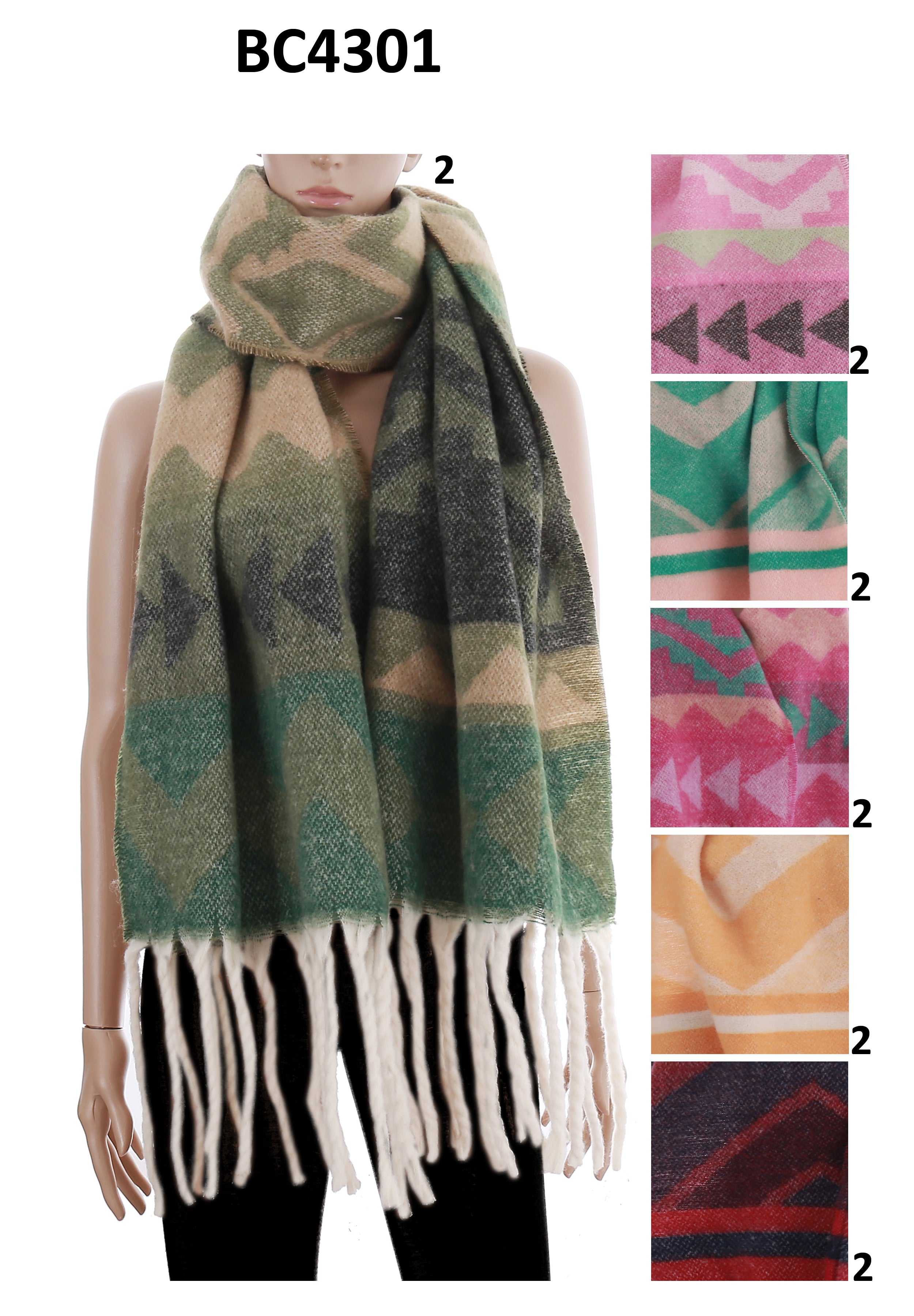 BC4301_ASST - ONE DOZEN PLAID PATTERN SCARF w/ FRINGES