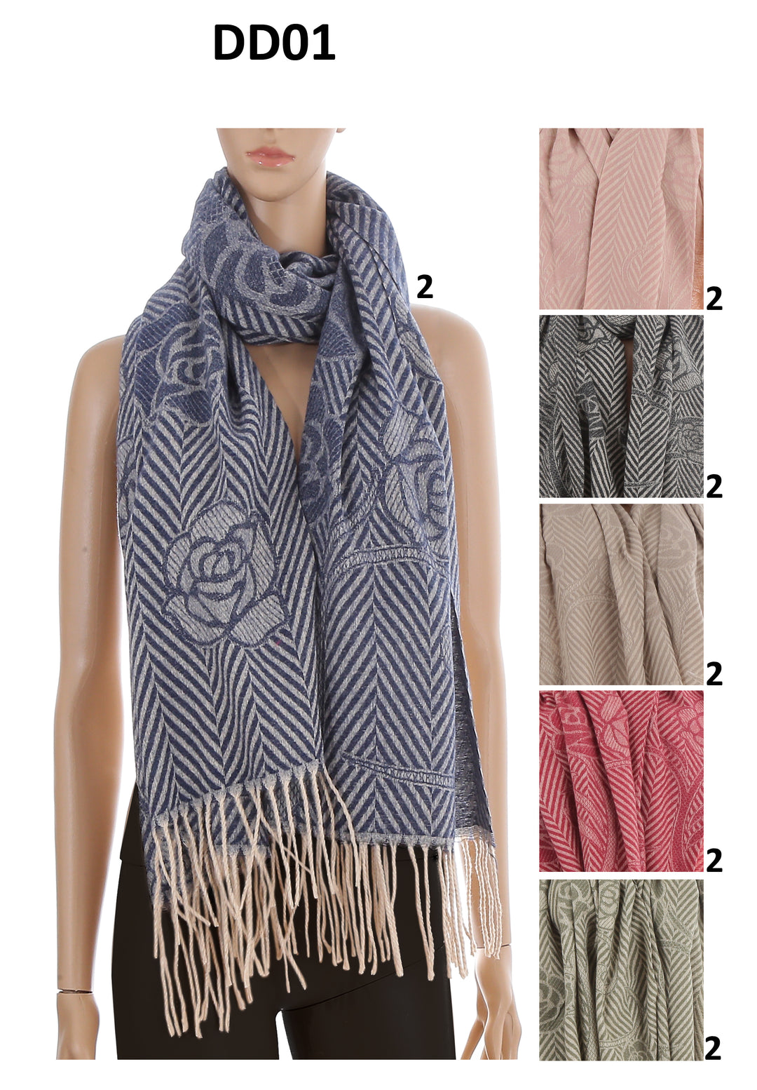 DD01_ASST - ONE DOZEN ROSE PATTERN SCARF w/ FRINGES