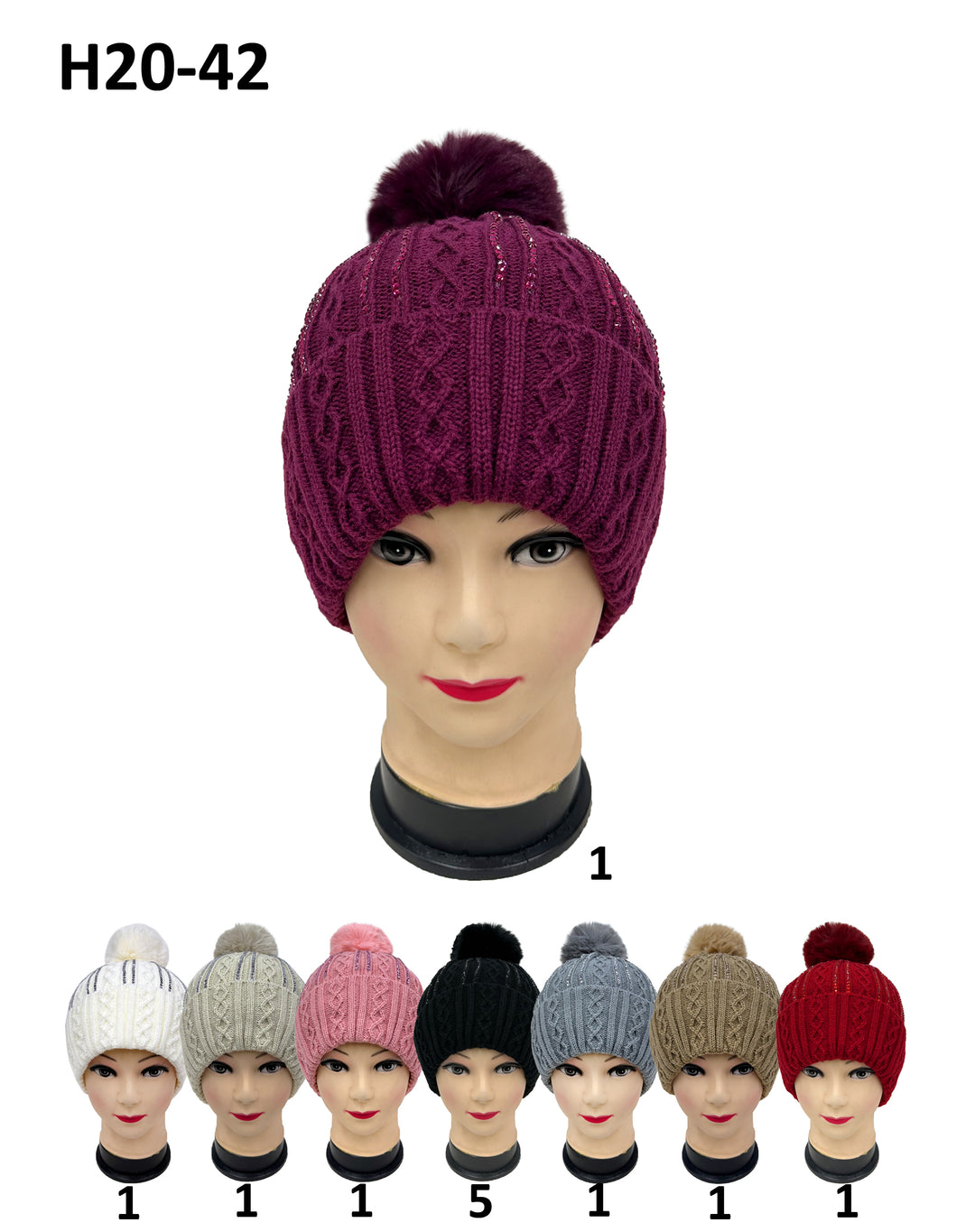 H20-42 - One Dozen Knit Hat with PomPom