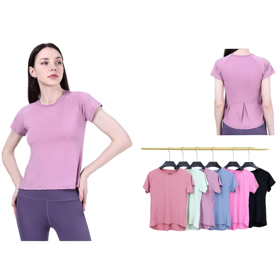 Woman wearing a purple t-shirt with product details and color options displayed.