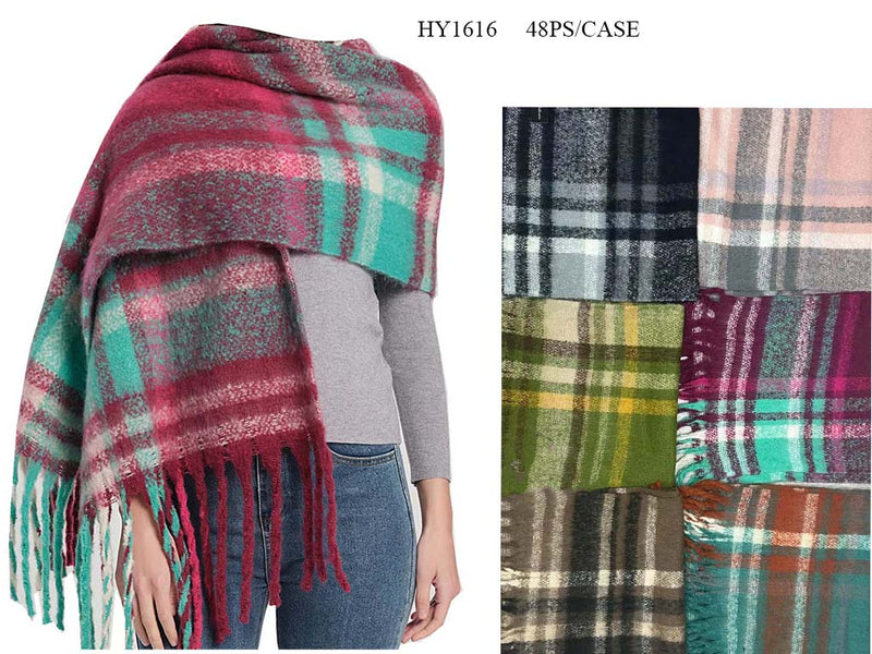 HY1616_ASST - ONE DOZEN PLAID PATTERN SCARF w/ FRINGES