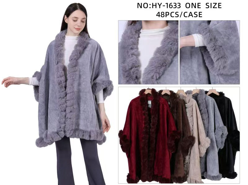 HY1633_Assorted Color Fur Trim Shawl/Poncho with arm hole