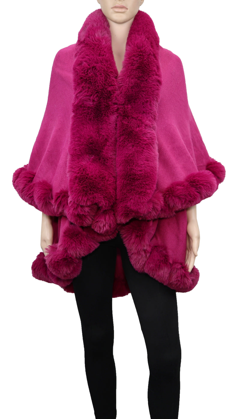 P189_Fuchsia Solid Color Fur Trim Shawl/Poncho with arm hole