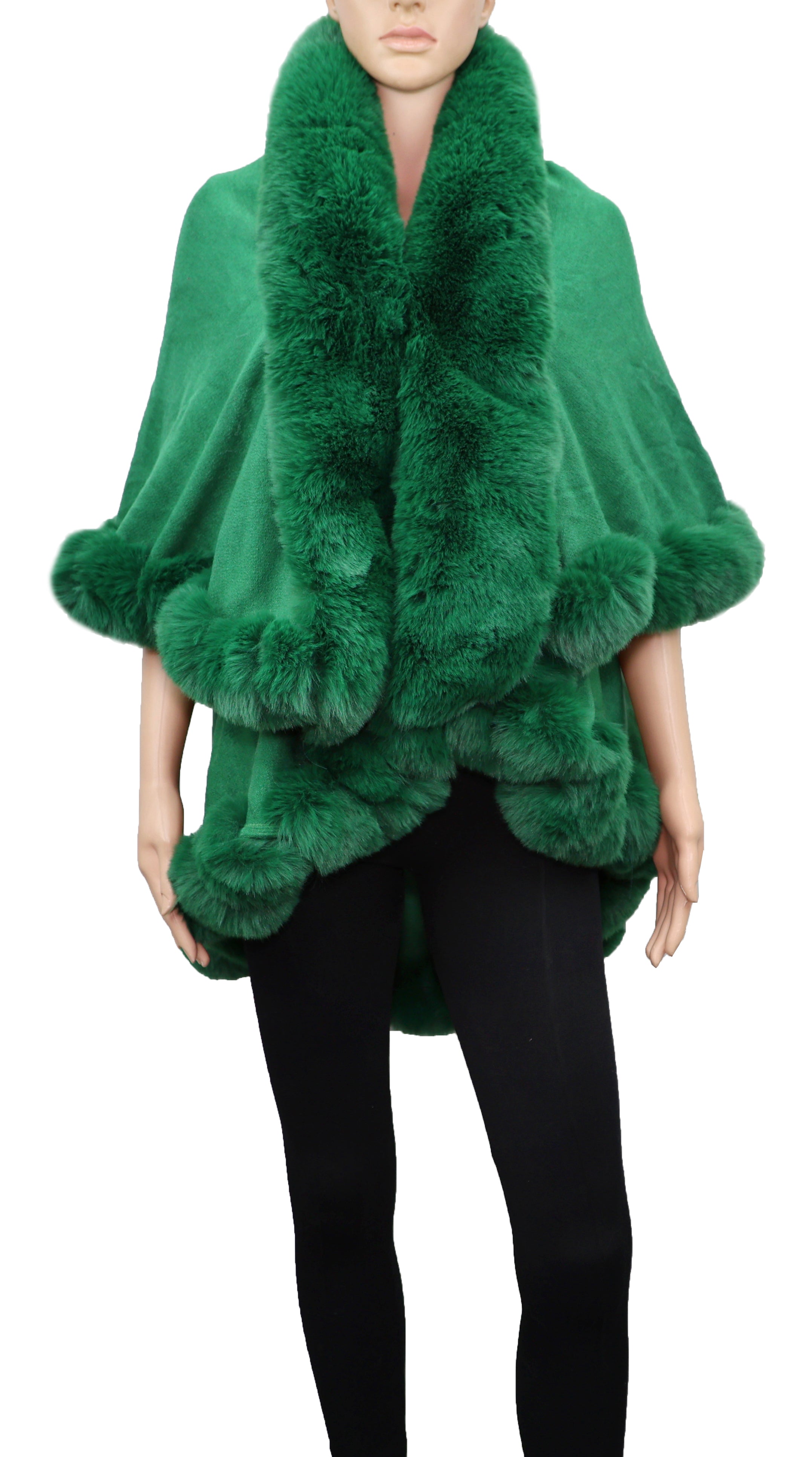 P189_Green Solid Color Fur Trim Shawl/Poncho with arm hole