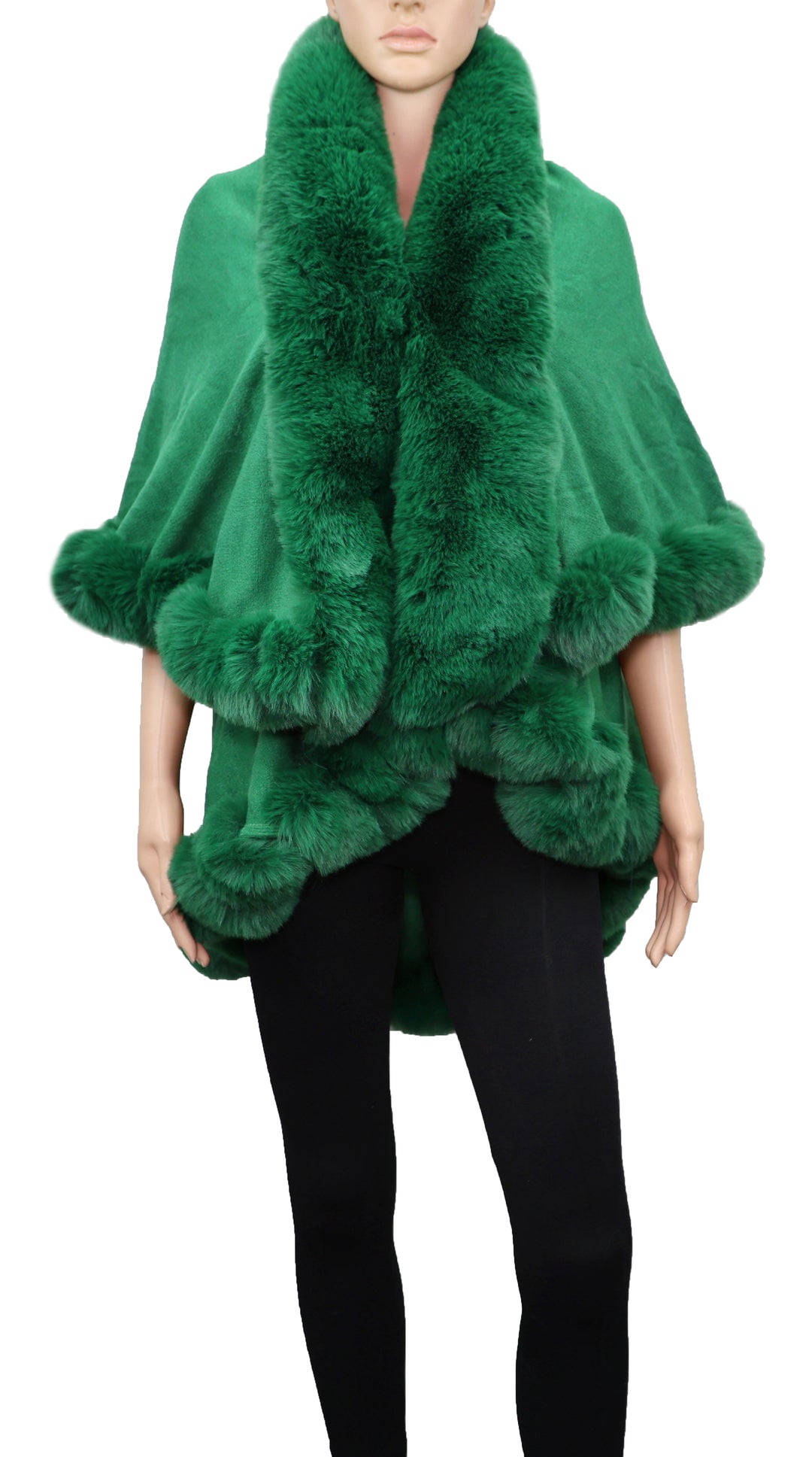 P189_Green Solid Color Fur Trim Shawl/Poncho with arm hole