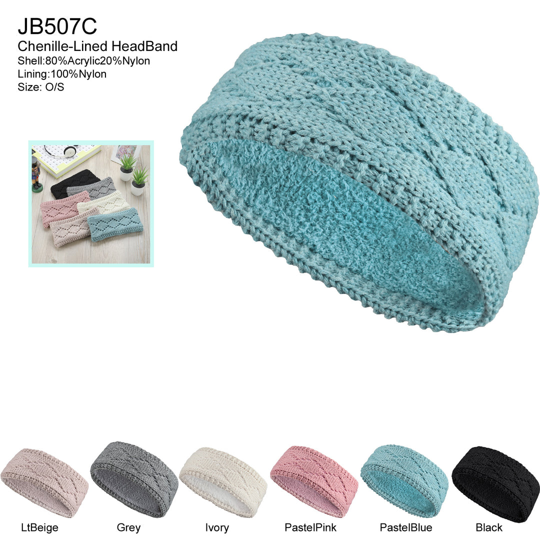 JB507C - One Dozen Knitted Chenille Lined Headband