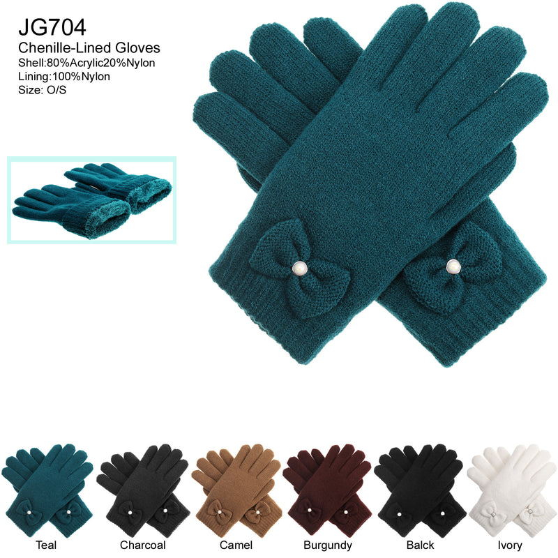 JG704 - One Dozen Ladies Double Layer Fur Lining Knit Ribbon accent  Gloves