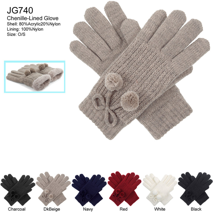 JG740 - One Dozen Ladies  Double Layer Fur Lining Knit Gloves