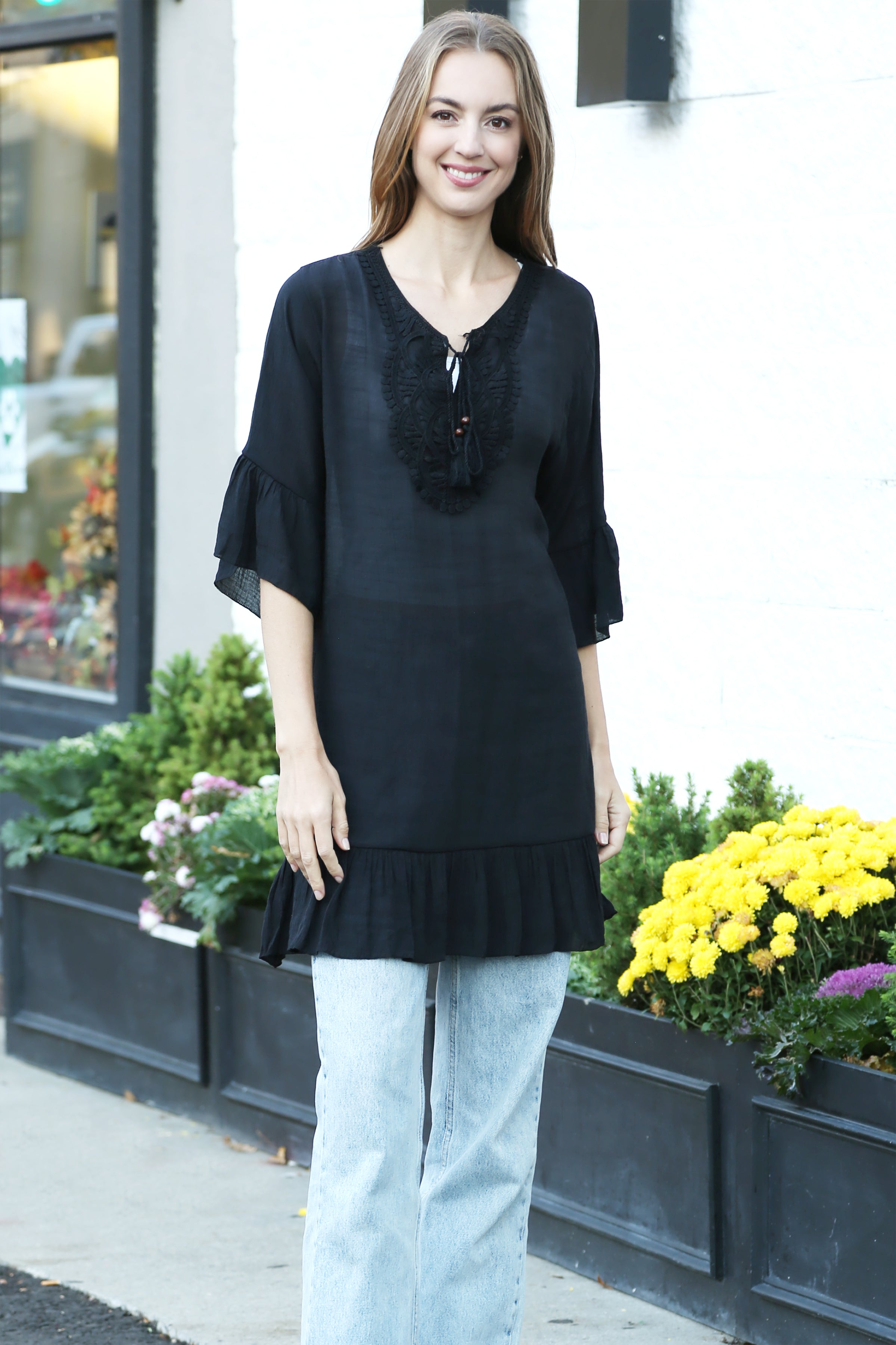 JP5218 BK  - ONE Piece Floral COLOR LONG COVER-UP Dress