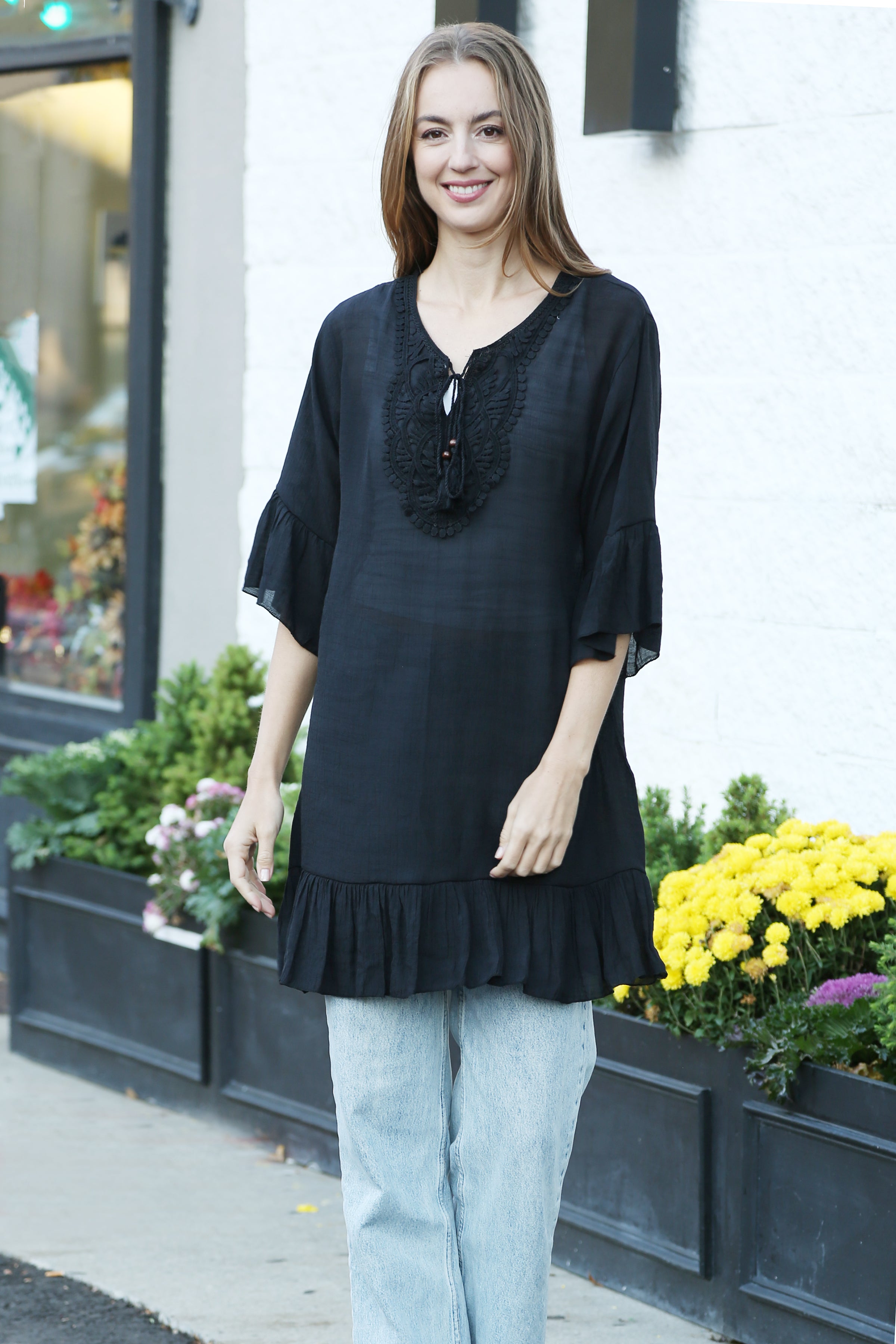 JP5218 BK  - ONE Piece Floral COLOR LONG COVER-UP Dress