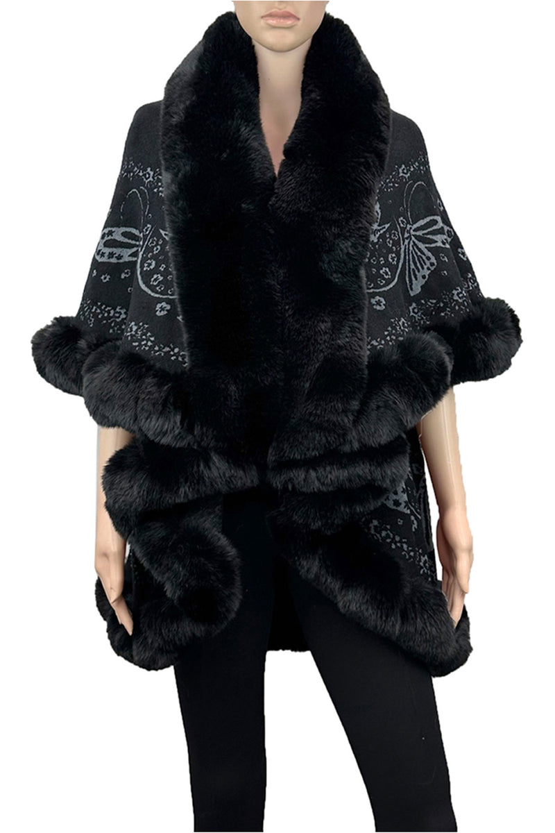 P3114_Black Solid Color Fur Trim Shawl/Poncho with arm hole