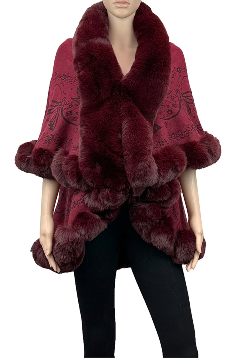 P3114_Burgundy Solid Color Fur Trim Shawl/Poncho with arm hole