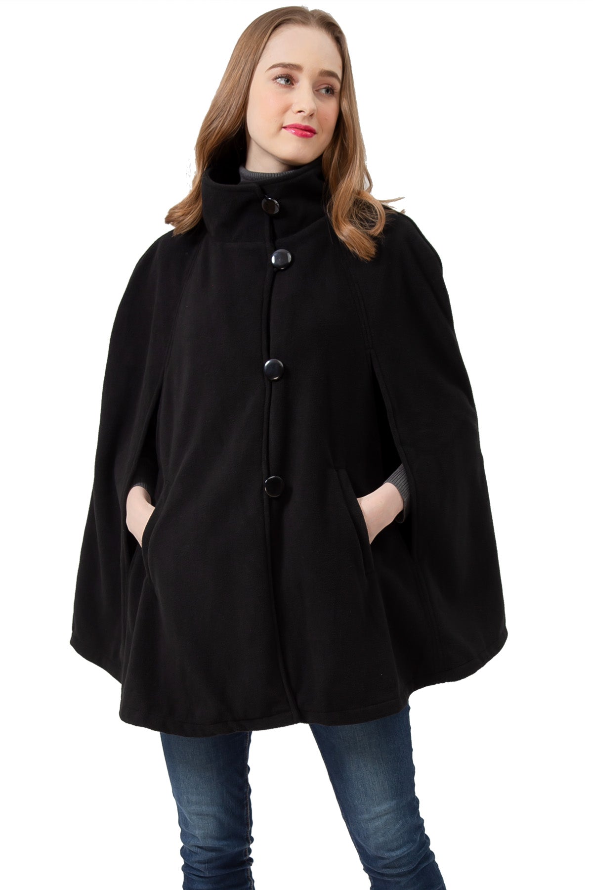 S1322 Black -Womens Cape Poncho Coat Fall Winter Soft Fleece Open Front Button