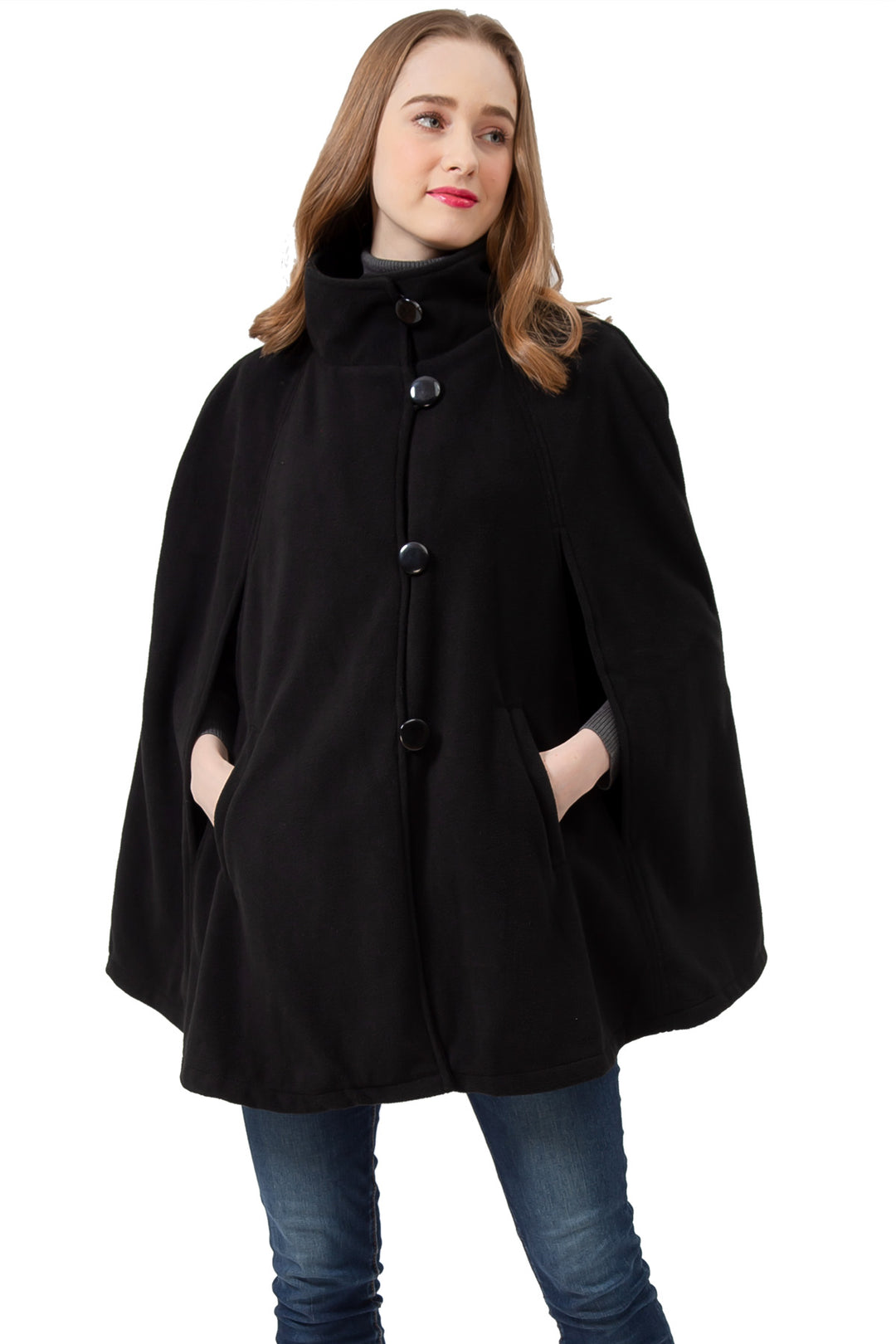 S1322 Black -Womens Cape Poncho Coat Fall Winter Soft Fleece Open Front Button
