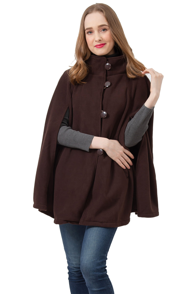 S1322 Brown -Womens Cape Poncho Coat Fall Winter Soft Fleece Open Front Button