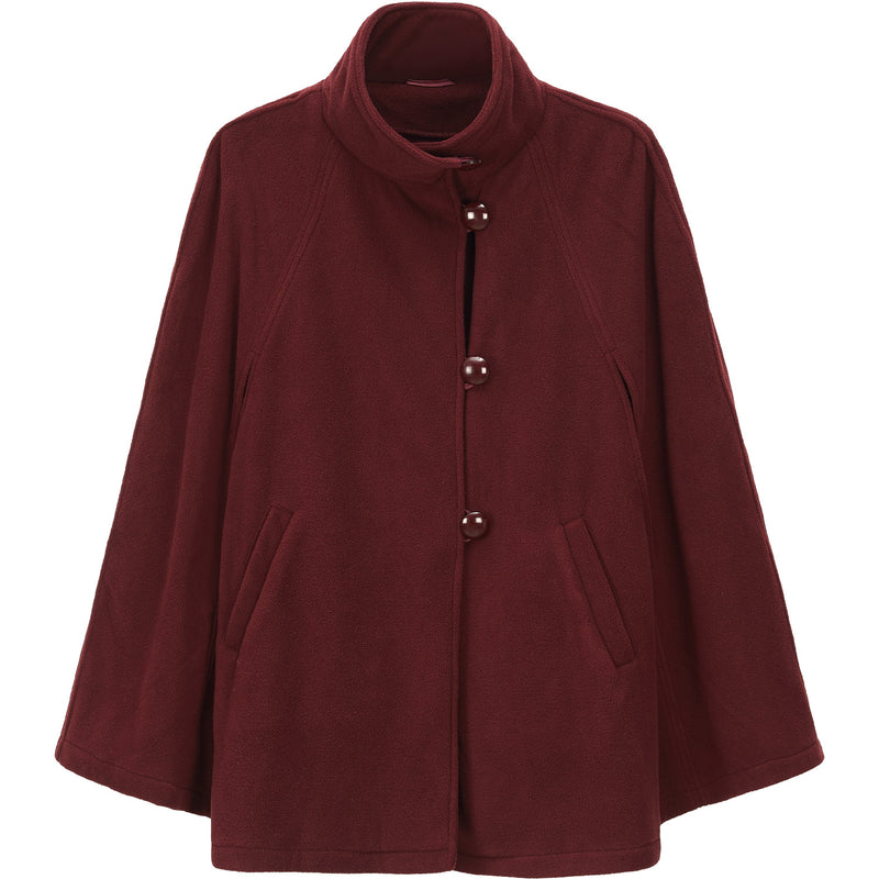 S1322 Burgundy -Womens Cape Poncho Coat Fall Winter Soft Fleece Open Front Button