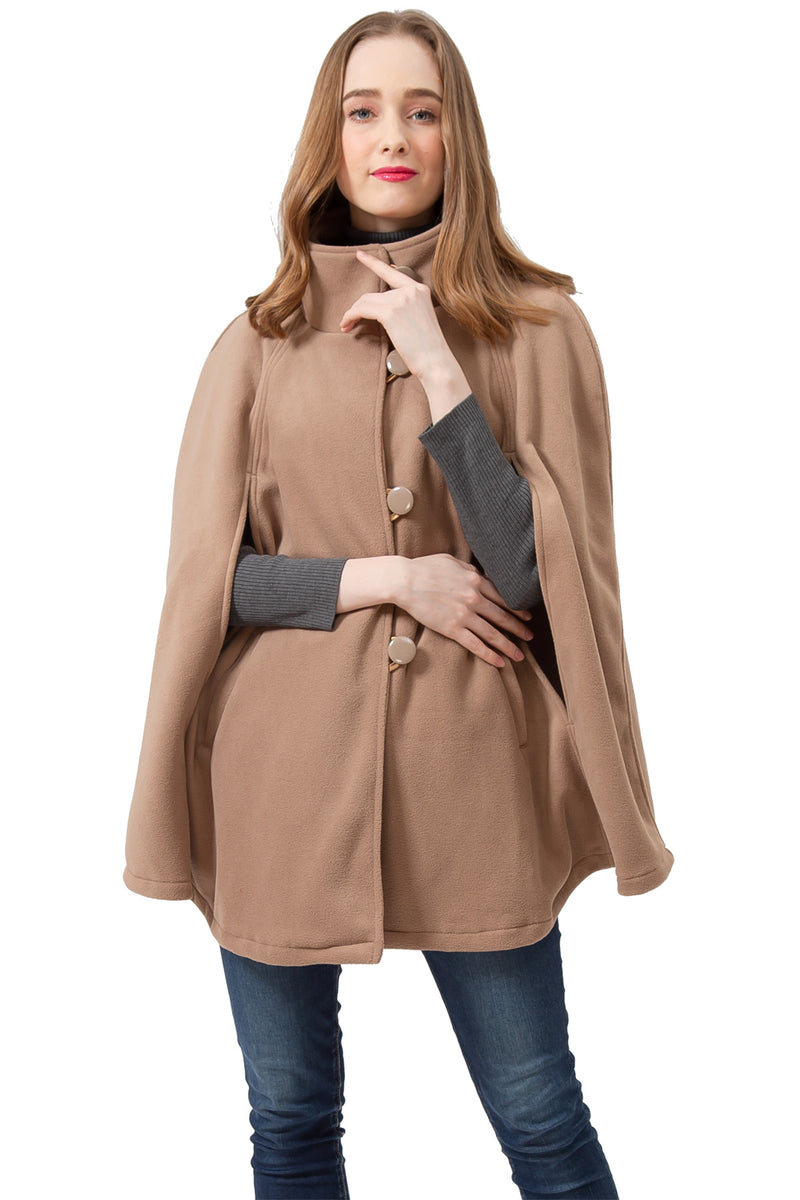 S1322 Camel -Womens Cape Poncho Coat Fall Winter Soft Fleece Open Front Button