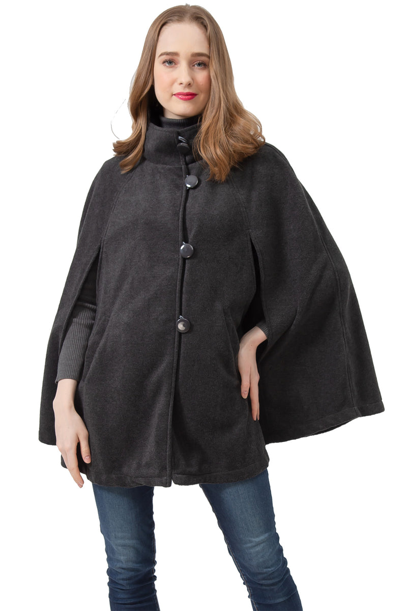 S1322 Charcoal -Womens Cape Poncho Coat Fall Winter Soft Fleece Open Front Button