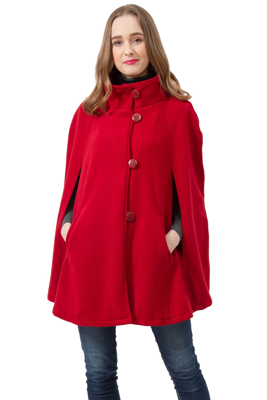 S1322 Red -Womens Cape Poncho Coat Fall Winter Soft Fleece Open Front Button