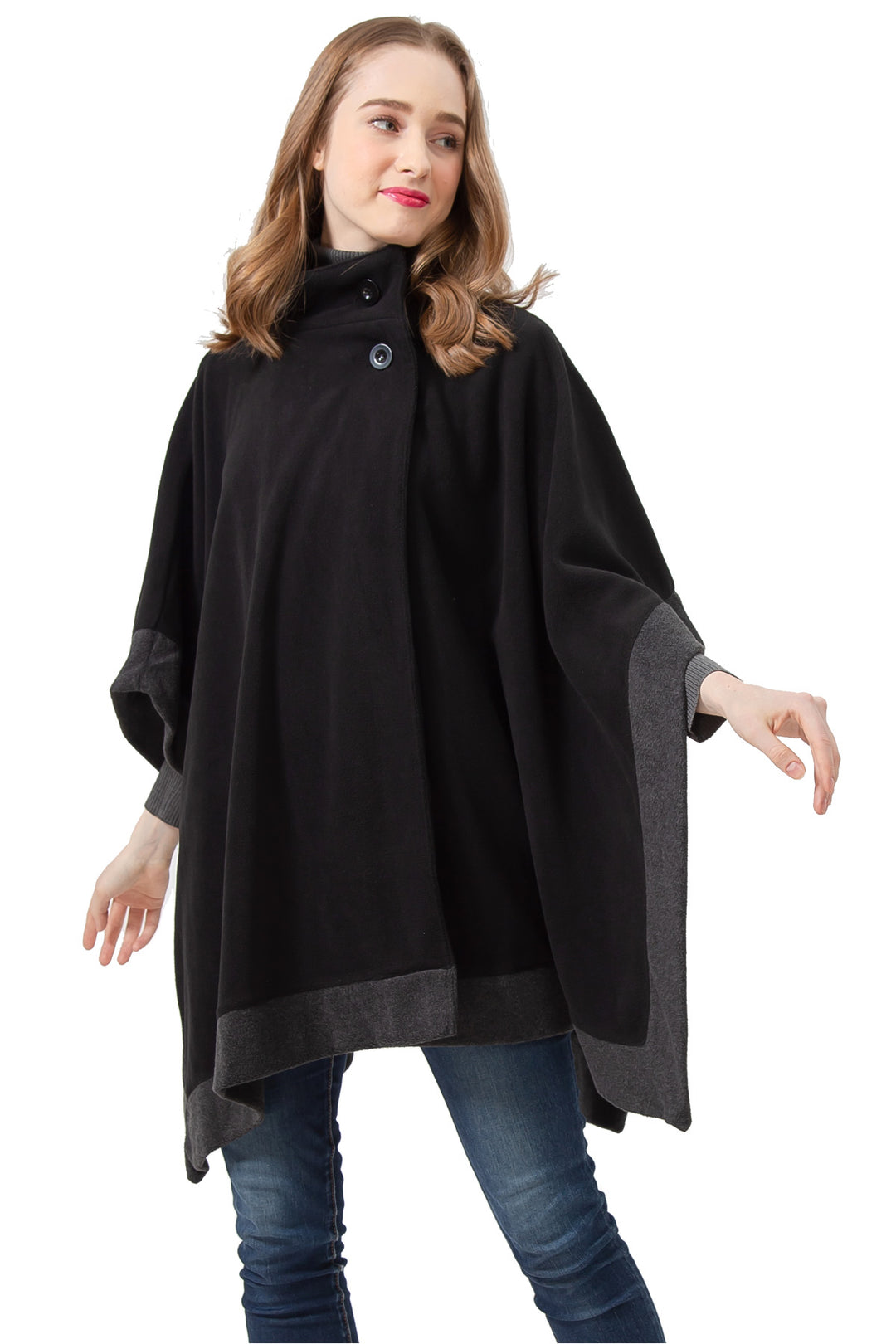 S1323 Black -Womens Poncho Outer Coat Fall Winter Soft Fleece Open Front Button