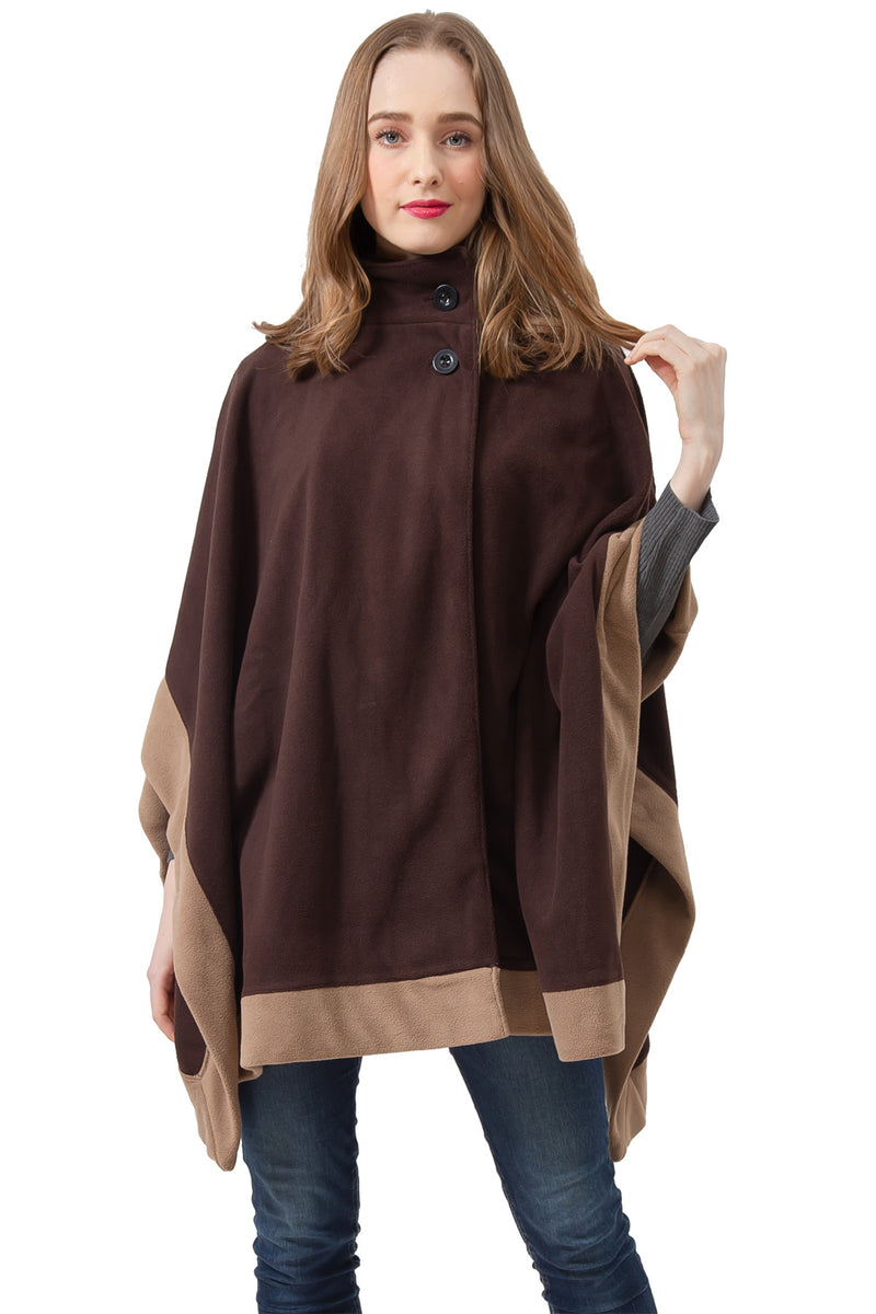 S1323 Brown -Womens Poncho Outer Coat Fall Winter Soft Fleece Open Front Button