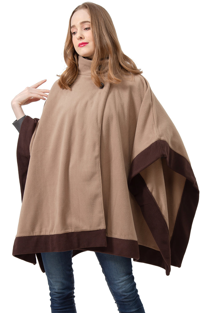 S1323 Camel -Womens Poncho Outer Coat Fall Winter Soft Fleece Open Front Button