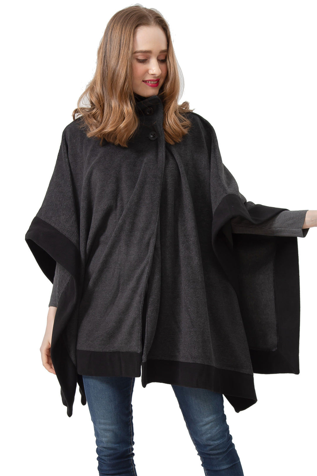 S1323 Charcoal -Womens Poncho Outer Coat Fall Winter Soft Fleece Open Front Button