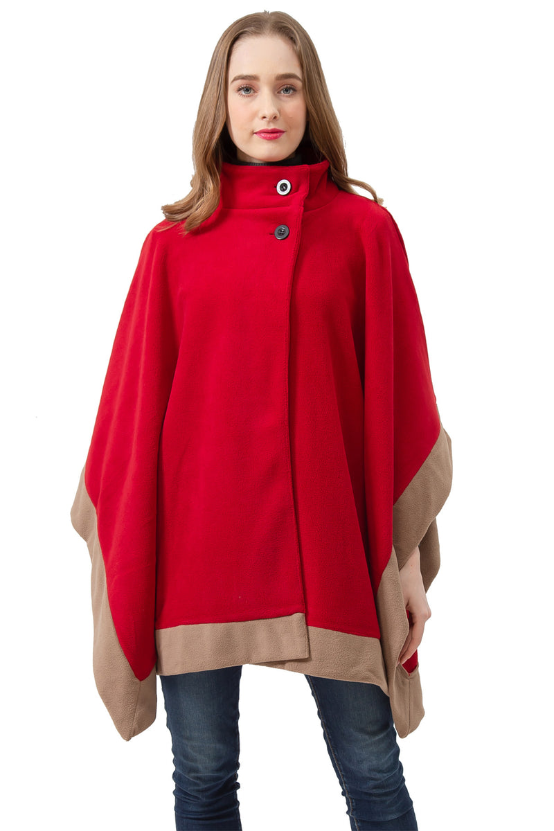 S1323 Red -Womens Poncho Outer Coat Fall Winter Soft Fleece Open Front Button