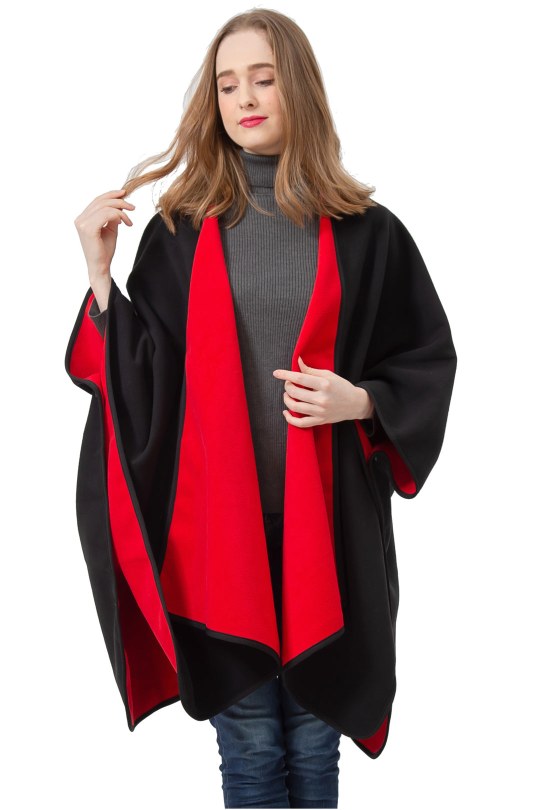 S6210 Red -Blanket Open Front Poncho Ruana Knit Cardigan Sweater Shawl Wrap Many Styles