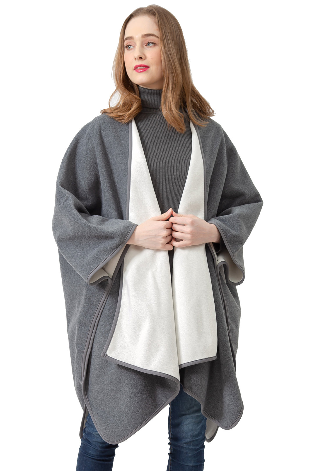 S6210 Grey  -Blanket Open Front Poncho Ruana Knit Cardigan Sweater Shawl Wrap Many Styles