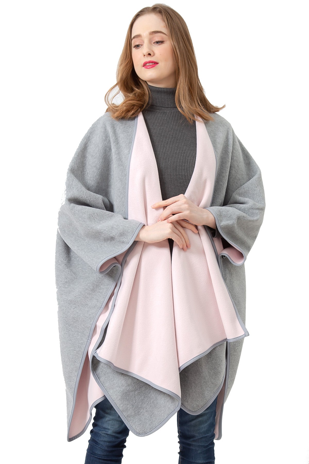 S6210 Grey / Pink  -Blanket Open Front Poncho Ruana Knit Cardigan Sweater Shawl Wrap Many Style