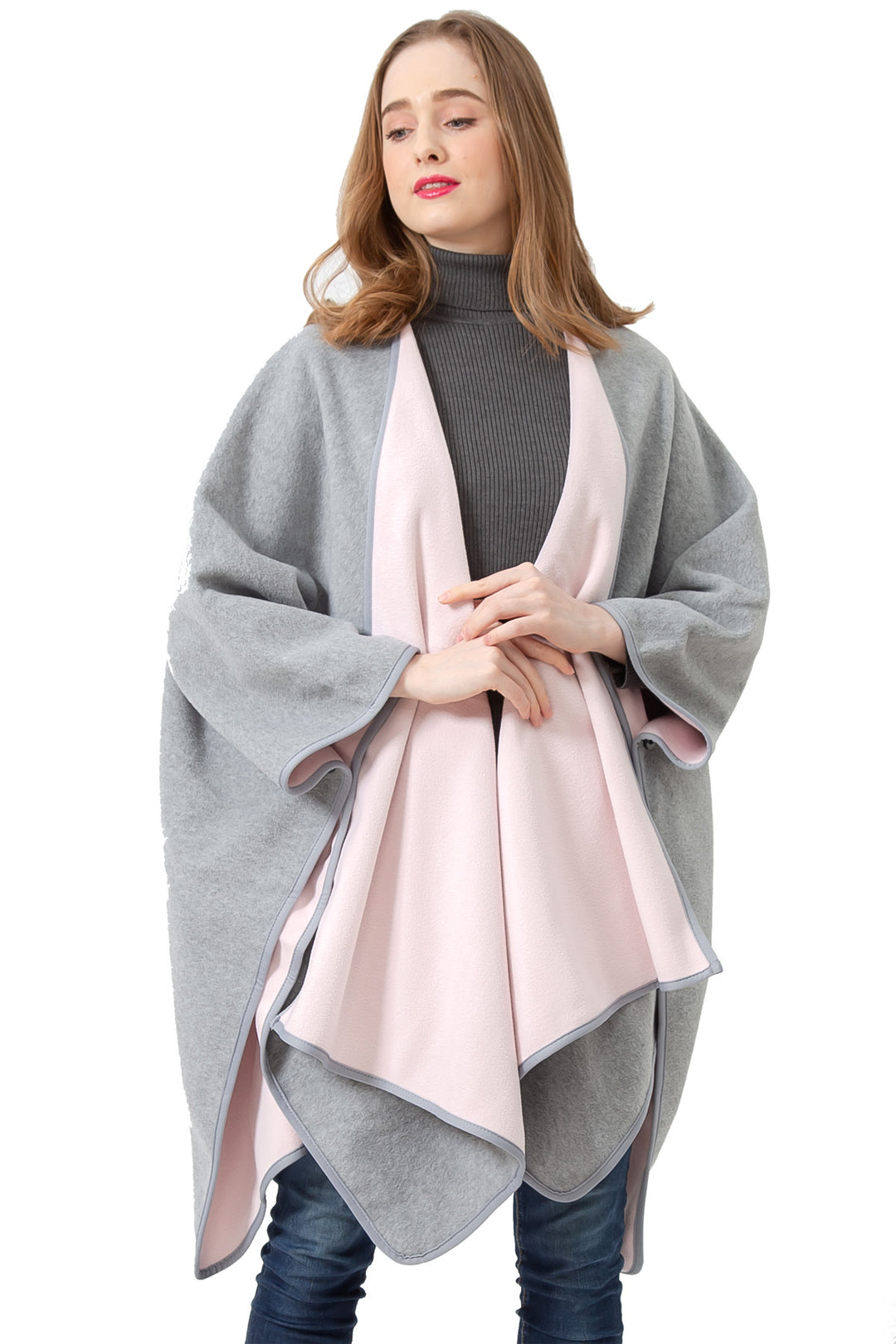 S6210 Grey / Pink  -Blanket Open Front Poncho Ruana Knit Cardigan Sweater Shawl Wrap Many Style