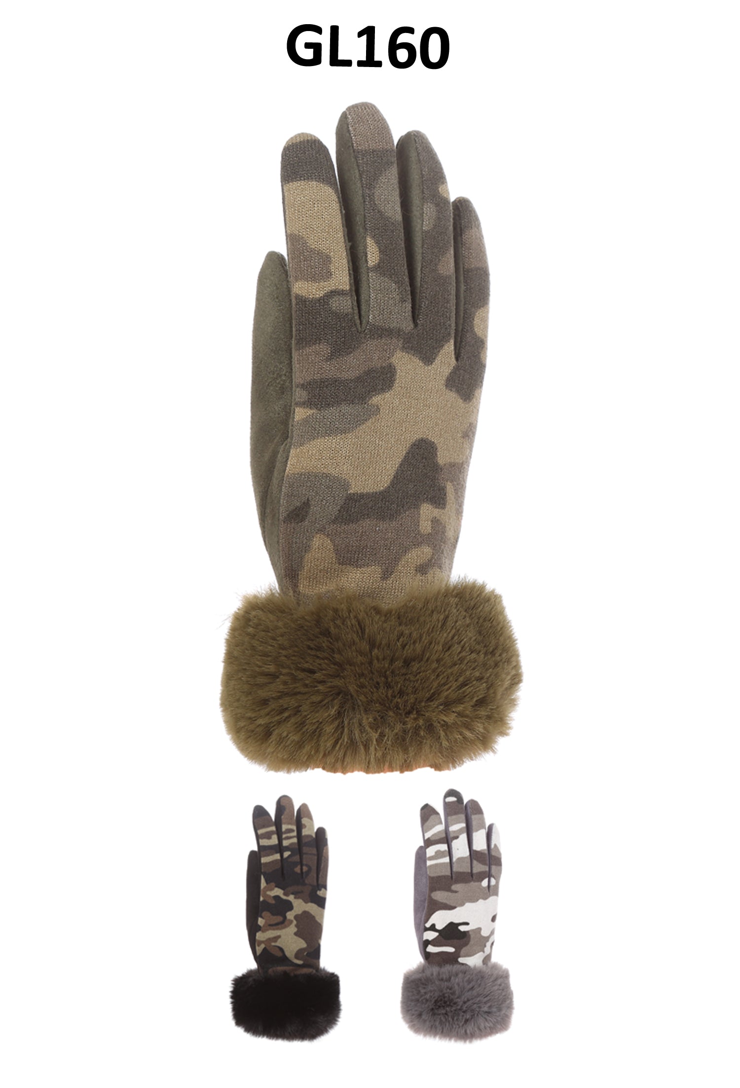 GL160 - One Dozen Camo Print Screen-Touch Gloves W/Fur Cuffs