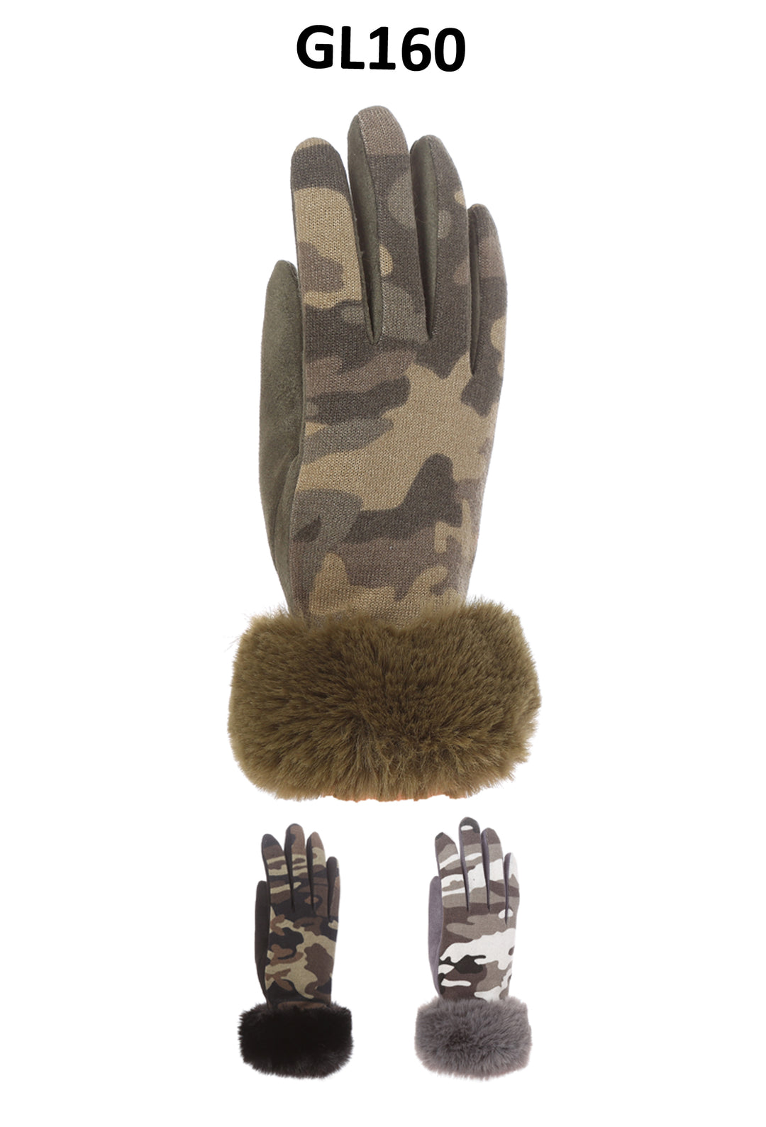 GL160 - One Dozen Camo Print Screen-Touch Gloves W/Fur Cuffs