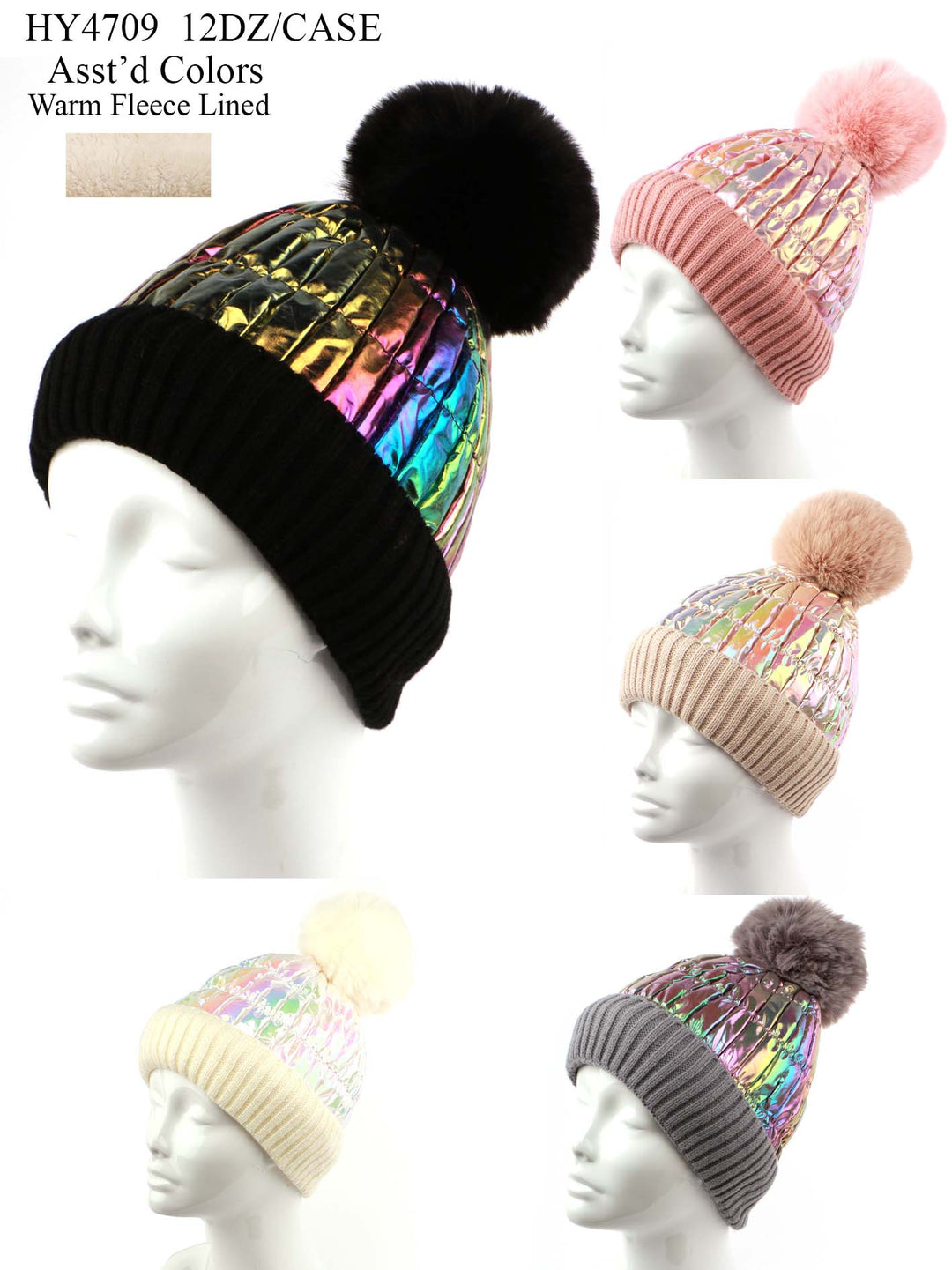 HY4709 - One Dozen Metallic Knit Pom Pom Beanie Hat