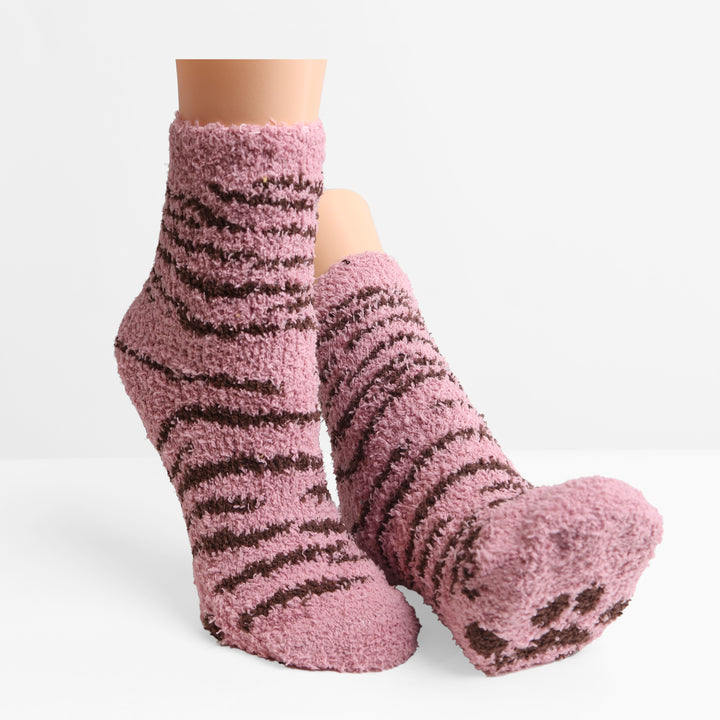 JCS106 - TIGER PRINT LUXURY SOFT MINI-CREW SOCKS W/ PAW PRINT - 6PC SET